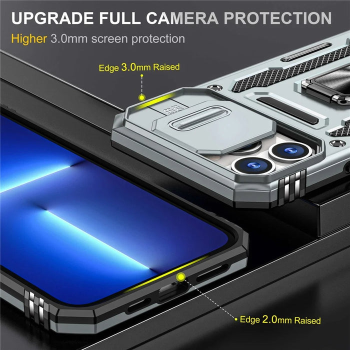 For iPhone 14 Pro 6.1 inch Hard PC + TPU Ring Kickstand Cell Phone Case Slide Camera Cover Anti-fingerprint Phone Shell - Grey - 3