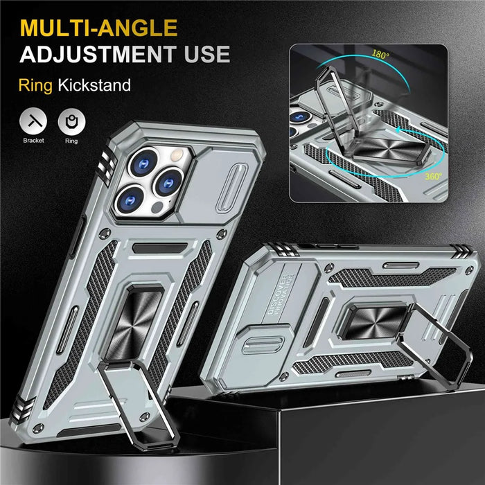 For iPhone 14 Pro 6.1 inch Hard PC + TPU Ring Kickstand Cell Phone Case Slide Camera Cover Anti-fingerprint Phone Shell - Grey - 4