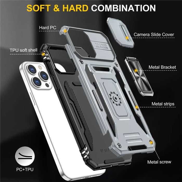 For iPhone 14 Pro 6.1 inch Hard PC + TPU Ring Kickstand Cell Phone Case Slide Camera Cover Anti-fingerprint Phone Shell - Grey - 7