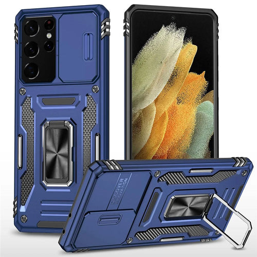 For Samsung Galaxy S21 Ultra 5G Anti-Fall Phone Case Slide Camera Cover PC + TPU Ring Kickstand Cell Phone Shell - Navy Blue - 1