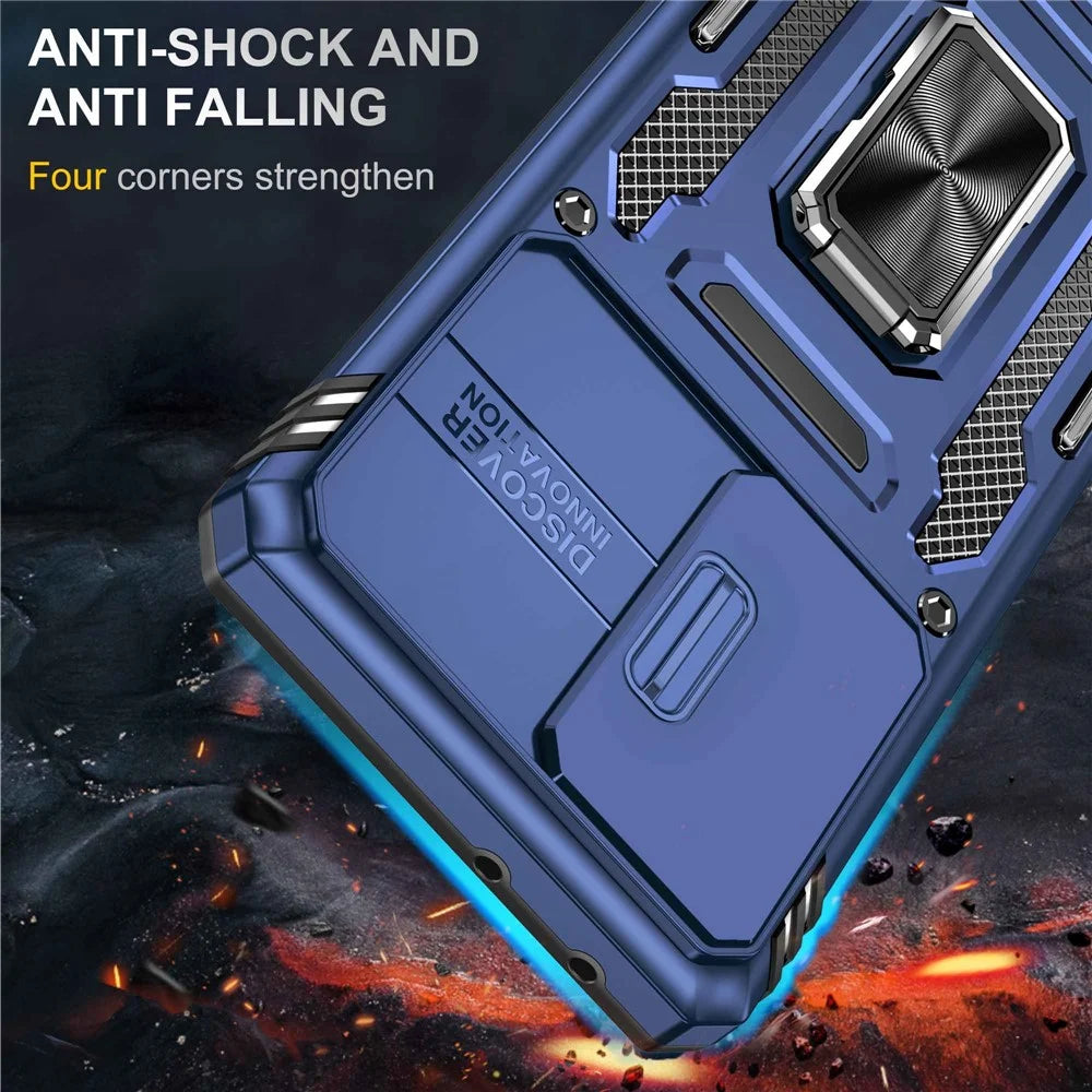For Samsung Galaxy S21 Ultra 5G Anti-Fall Phone Case Slide Camera Cover PC + TPU Ring Kickstand Cell Phone Shell - Navy Blue - 2