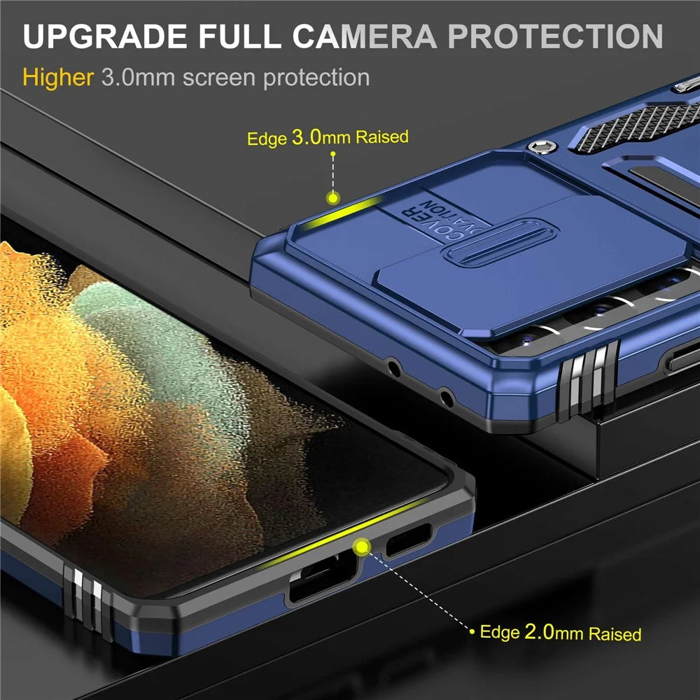 For Samsung Galaxy S21 Ultra 5G Anti-Fall Phone Case Slide Camera Cover PC + TPU Ring Kickstand Cell Phone Shell - Navy Blue - 3