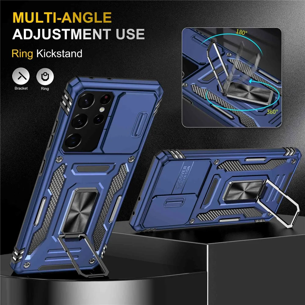 For Samsung Galaxy S21 Ultra 5G Anti-Fall Phone Case Slide Camera Cover PC + TPU Ring Kickstand Cell Phone Shell - Navy Blue - 4