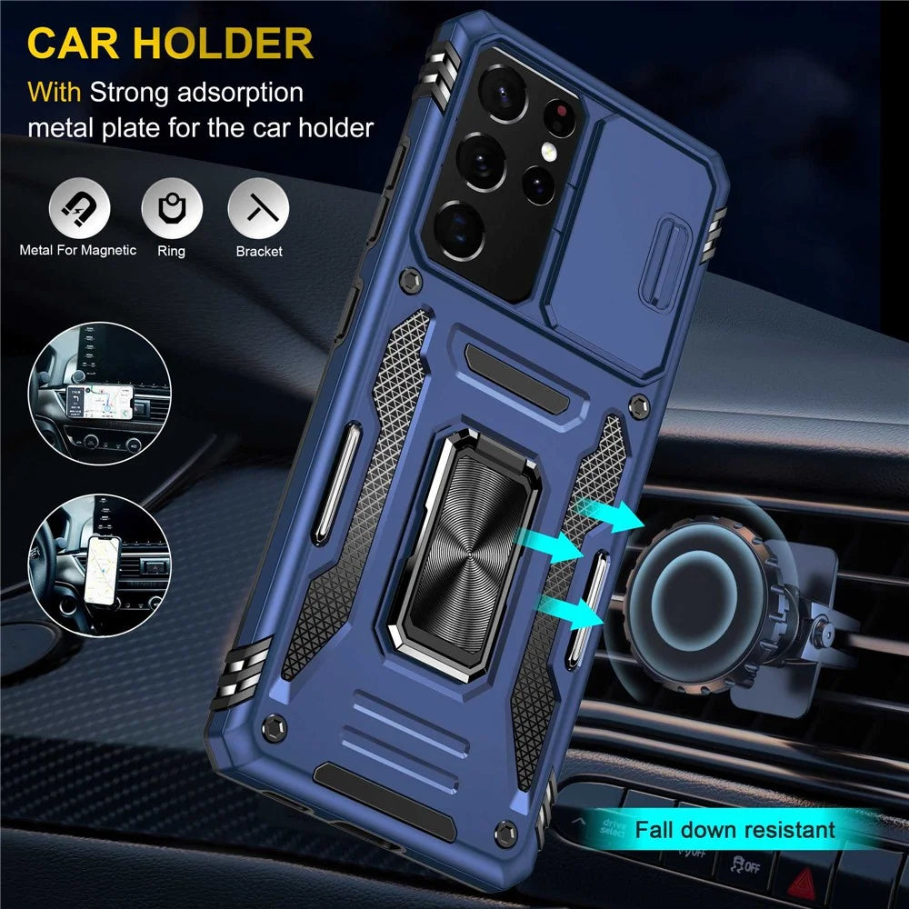 For Samsung Galaxy S21 Ultra 5G Anti-Fall Phone Case Slide Camera Cover PC + TPU Ring Kickstand Cell Phone Shell - Navy Blue - 6