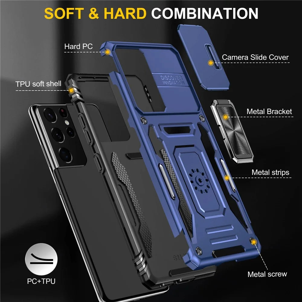 For Samsung Galaxy S21 Ultra 5G Anti-Fall Phone Case Slide Camera Cover PC + TPU Ring Kickstand Cell Phone Shell - Navy Blue - 7