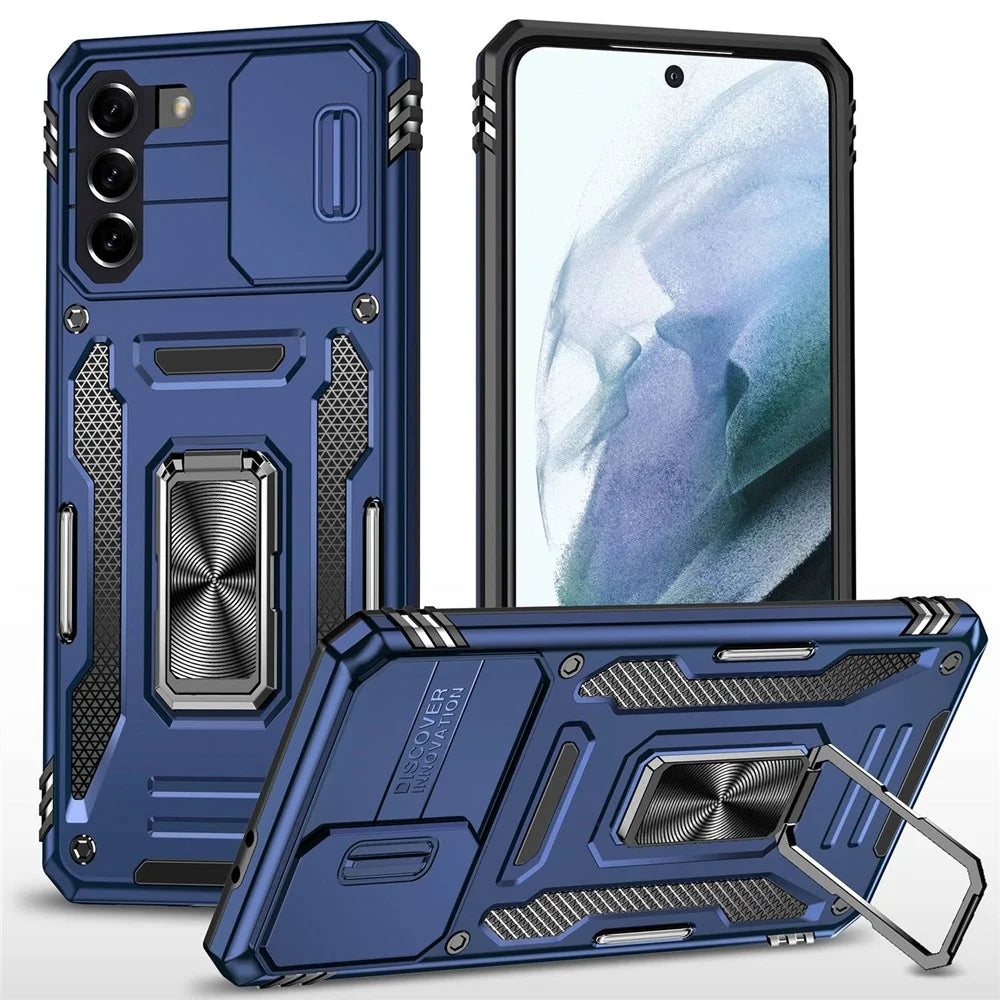 For Samsung Galaxy S21+ 5G Shockproof Case with Slide Lens Cover PC + TPU Ring Kickstand Cell Phone Anti-Drop Case - Navy Blue - 1