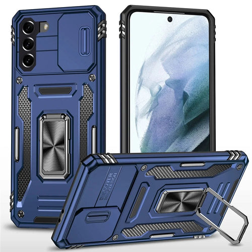 For Samsung Galaxy S21+ 5G Shockproof Case with Slide Lens Cover PC + TPU Ring Kickstand Cell Phone Anti-Drop Case - Navy Blue - 1