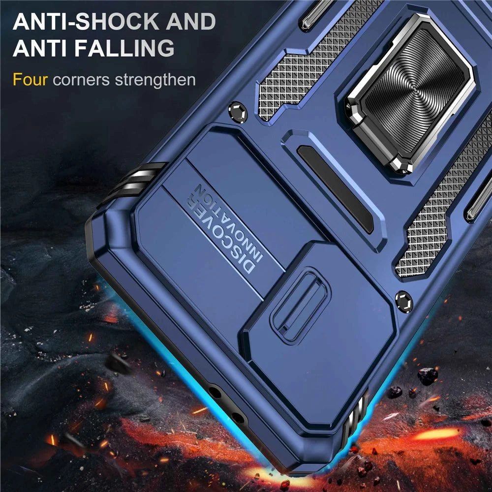 For Samsung Galaxy S21+ 5G Shockproof Case with Slide Lens Cover PC + TPU Ring Kickstand Cell Phone Anti-Drop Case - Navy Blue - 2