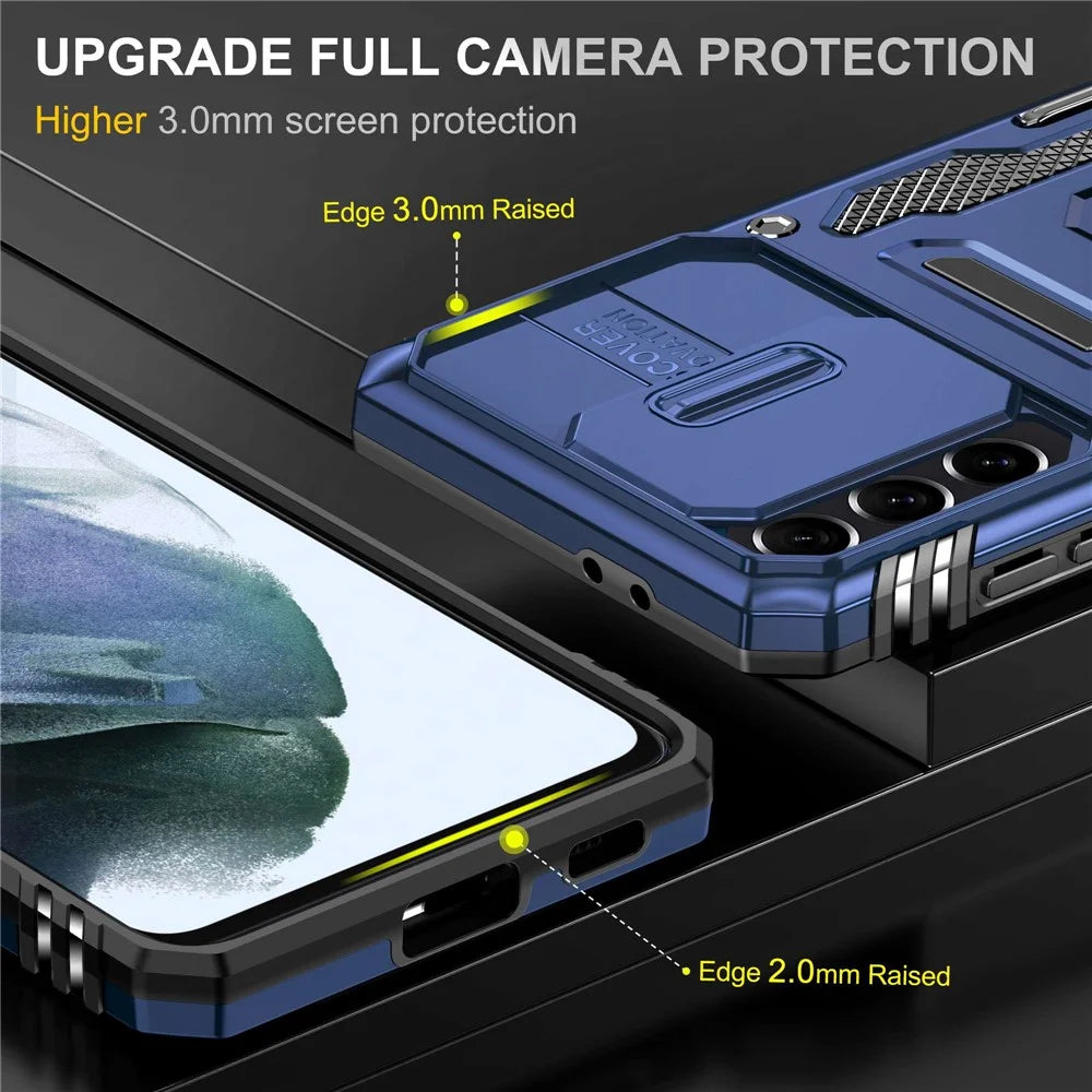 For Samsung Galaxy S21+ 5G Shockproof Case with Slide Lens Cover PC + TPU Ring Kickstand Cell Phone Anti-Drop Case - Navy Blue - 3