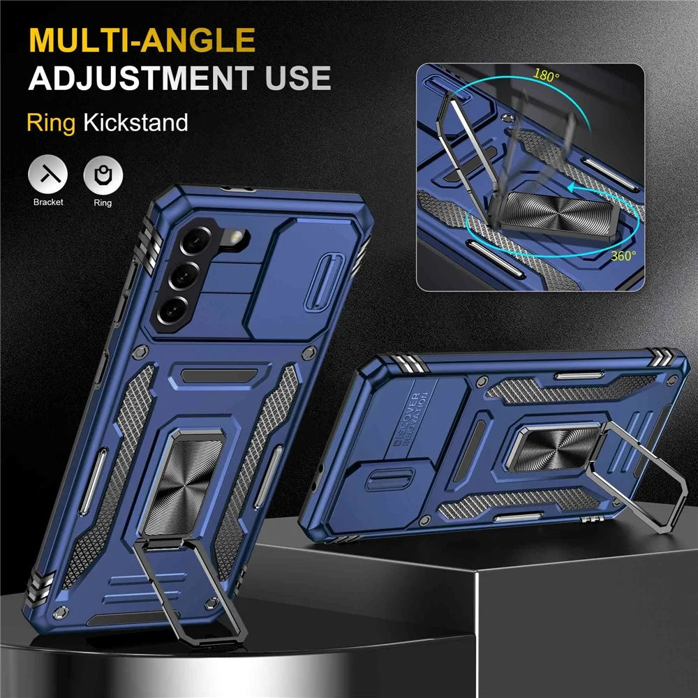 For Samsung Galaxy S21+ 5G Shockproof Case with Slide Lens Cover PC + TPU Ring Kickstand Cell Phone Anti-Drop Case - Navy Blue - 4