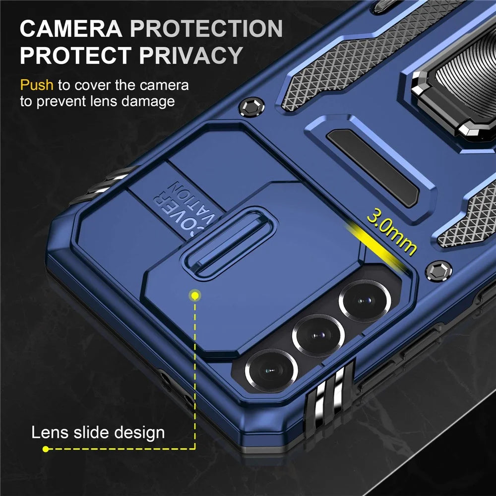 For Samsung Galaxy S21+ 5G Shockproof Case with Slide Lens Cover PC + TPU Ring Kickstand Cell Phone Anti-Drop Case - Navy Blue - 5