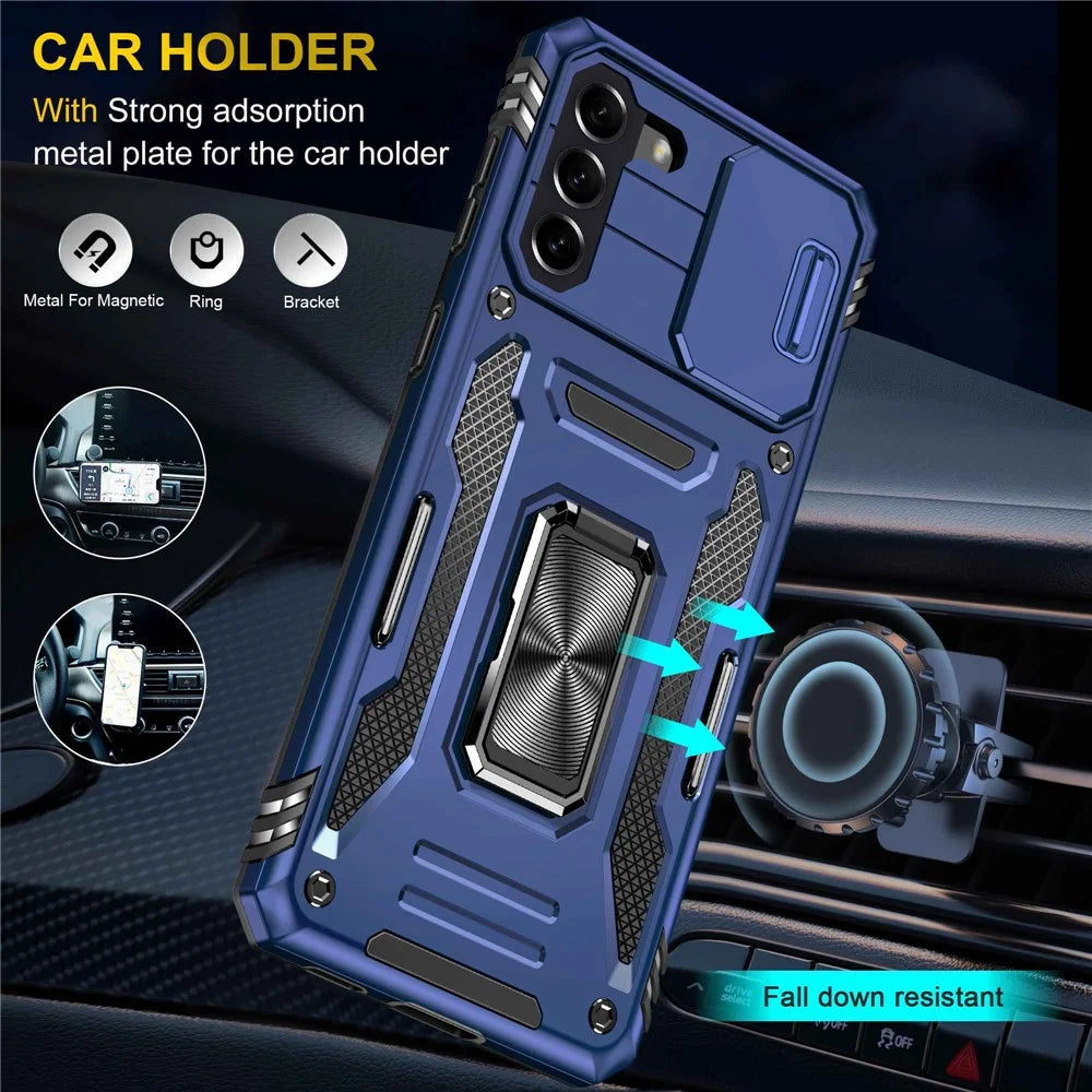 For Samsung Galaxy S21+ 5G Shockproof Case with Slide Lens Cover PC + TPU Ring Kickstand Cell Phone Anti-Drop Case - Navy Blue - 6