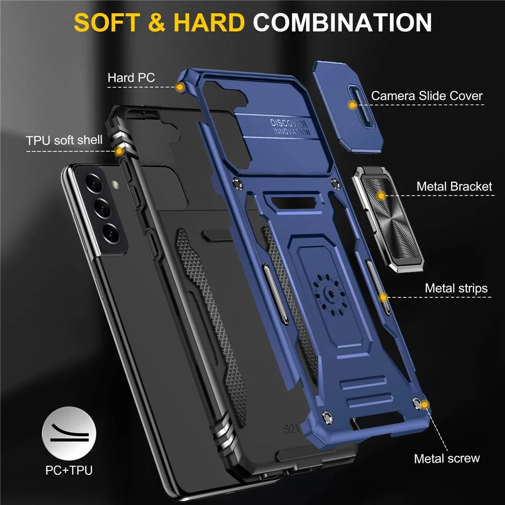 For Samsung Galaxy S21+ 5G Shockproof Case with Slide Lens Cover PC + TPU Ring Kickstand Cell Phone Anti-Drop Case - Navy Blue - 7