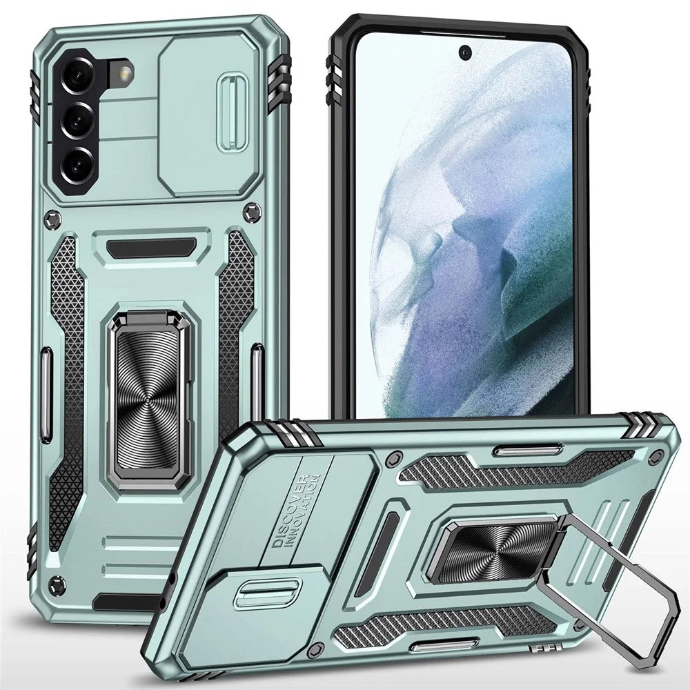 For Samsung Galaxy S21 4G / S21 5G Anti-Drop Phone Case PC + TPU Ring Kickstand Cell Phone Shell with Slide Camera Cover - Alpine Green - 1