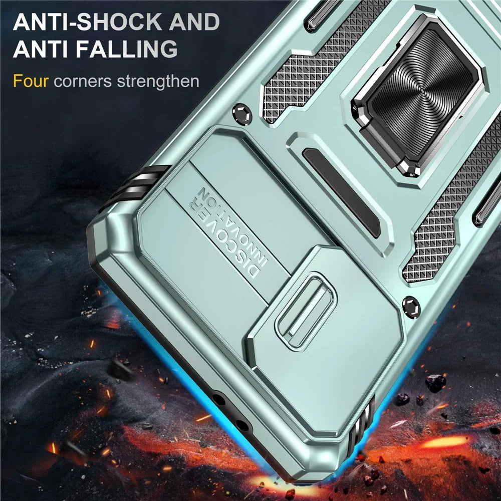 For Samsung Galaxy S21 4G / S21 5G Anti-Drop Phone Case PC + TPU Ring Kickstand Cell Phone Shell with Slide Camera Cover - Alpine Green - 2