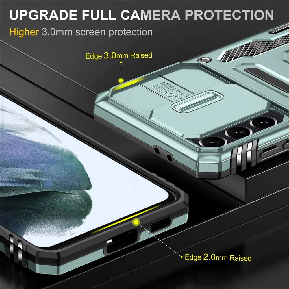 For Samsung Galaxy S21 4G / S21 5G Anti-Drop Phone Case PC + TPU Ring Kickstand Cell Phone Shell with Slide Camera Cover - Alpine Green - 3