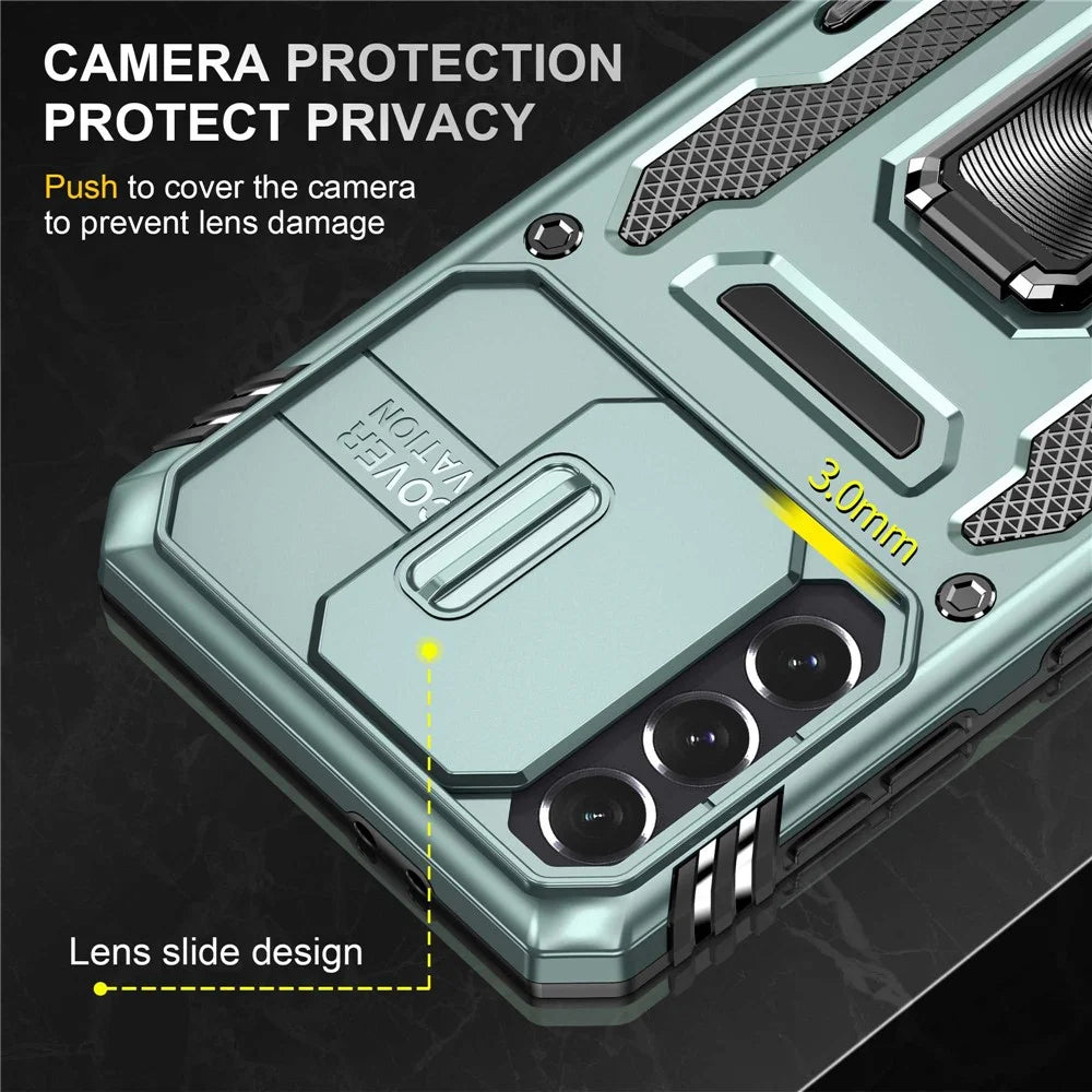 For Samsung Galaxy S21 4G / S21 5G Anti-Drop Phone Case PC + TPU Ring Kickstand Cell Phone Shell with Slide Camera Cover - Alpine Green - 5