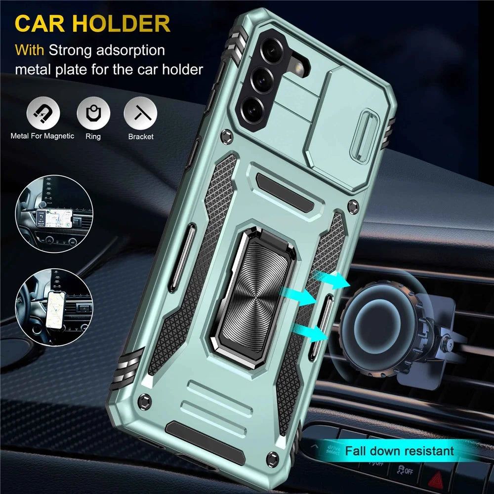For Samsung Galaxy S21 4G / S21 5G Anti-Drop Phone Case PC + TPU Ring Kickstand Cell Phone Shell with Slide Camera Cover - Alpine Green - 6