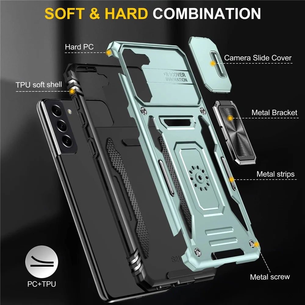 For Samsung Galaxy S21 4G / S21 5G Anti-Drop Phone Case PC + TPU Ring Kickstand Cell Phone Shell with Slide Camera Cover - Alpine Green - 7