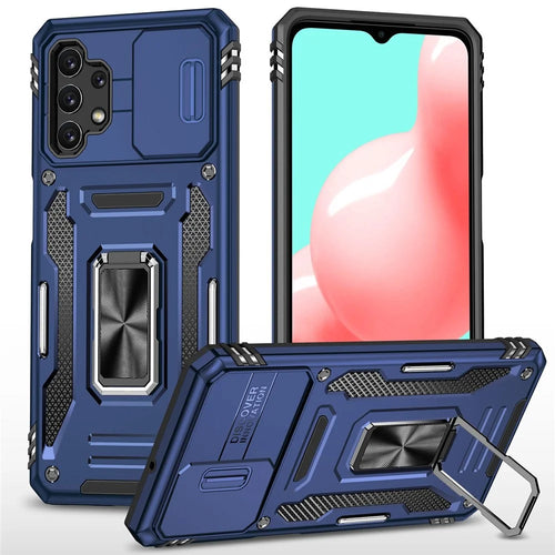 For Samsung Galaxy A32 5G / Galaxy M32 5G Protective Case with Slide Lens Cover PC + TPU Ring Kickstand Cell Phone Anti-Drop Case - Navy Blue - 1