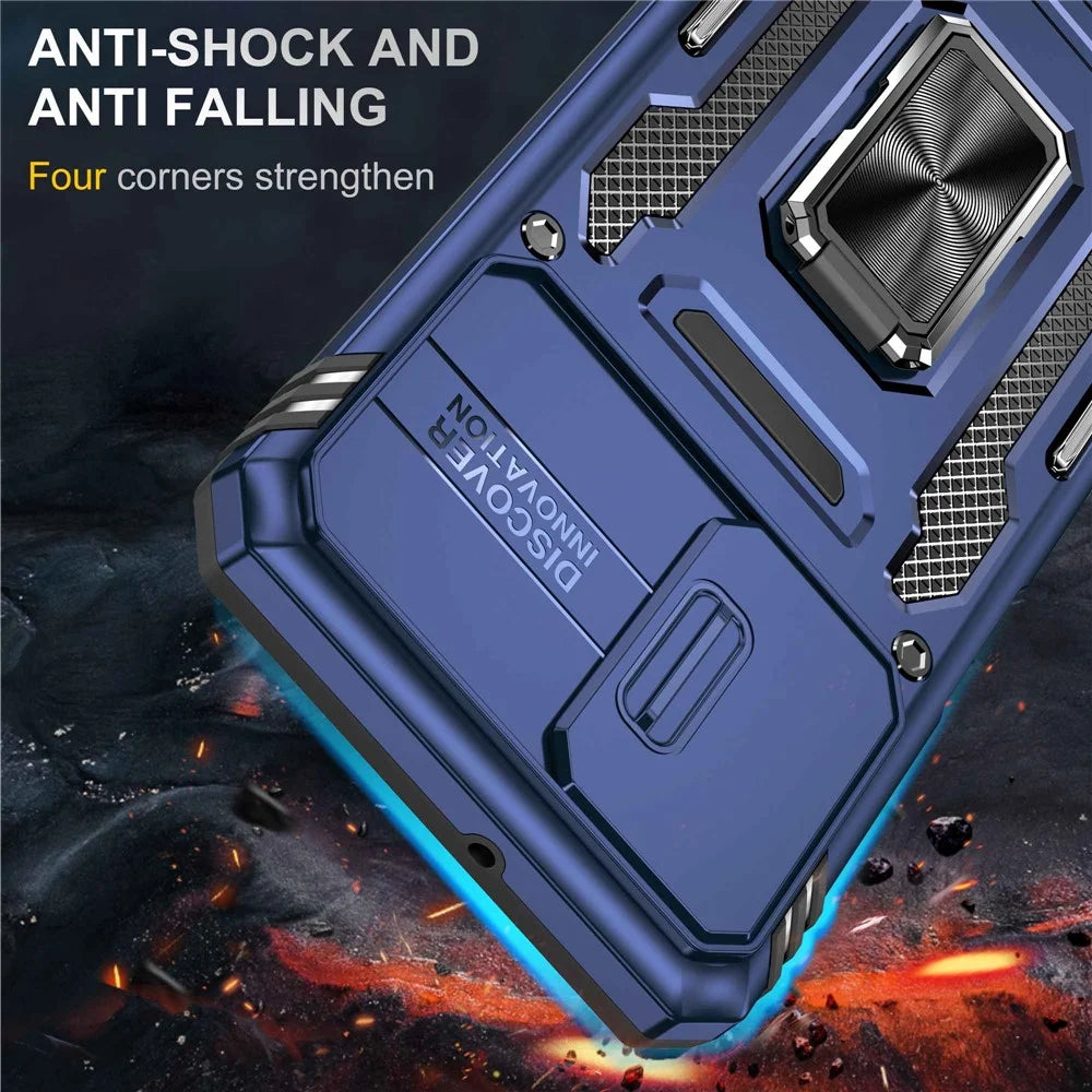 For Samsung Galaxy A32 5G / Galaxy M32 5G Protective Case with Slide Lens Cover PC + TPU Ring Kickstand Cell Phone Anti-Drop Case - Navy Blue - 2