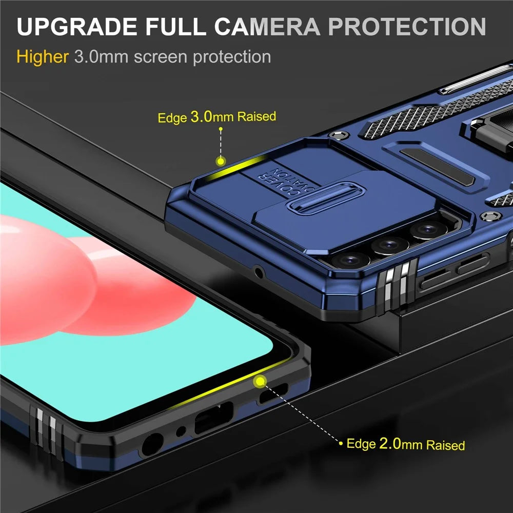 For Samsung Galaxy A32 5G / Galaxy M32 5G Protective Case with Slide Lens Cover PC + TPU Ring Kickstand Cell Phone Anti-Drop Case - Navy Blue - 3