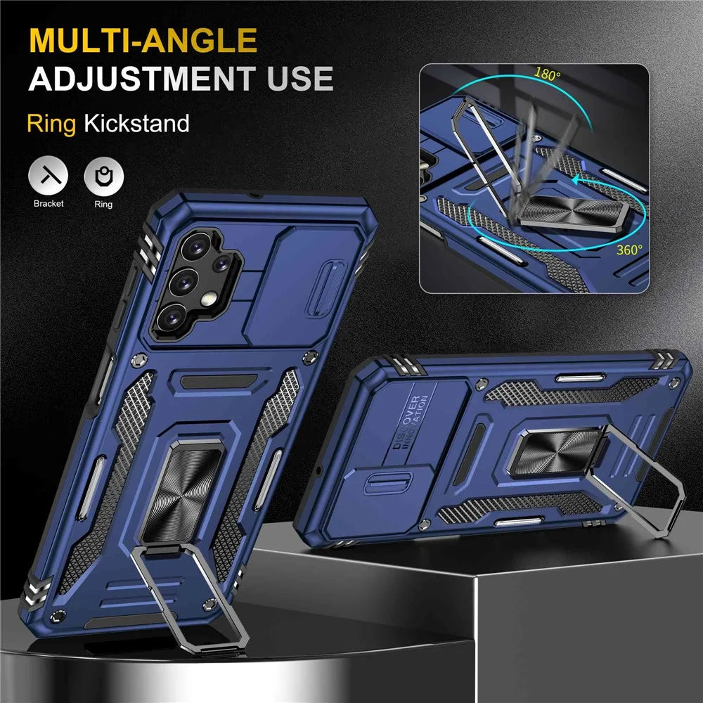 For Samsung Galaxy A32 5G / Galaxy M32 5G Protective Case with Slide Lens Cover PC + TPU Ring Kickstand Cell Phone Anti-Drop Case - Navy Blue - 4
