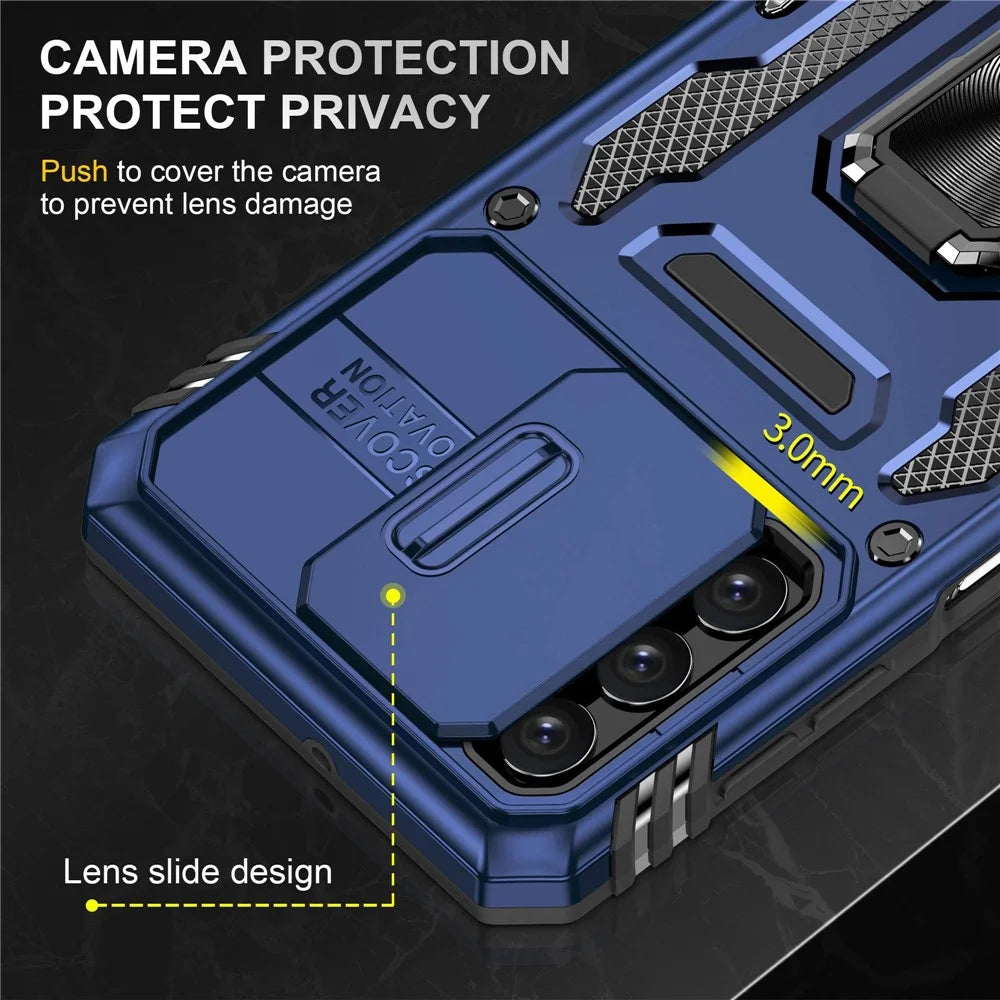 For Samsung Galaxy A32 5G / Galaxy M32 5G Protective Case with Slide Lens Cover PC + TPU Ring Kickstand Cell Phone Anti-Drop Case - Navy Blue - 5
