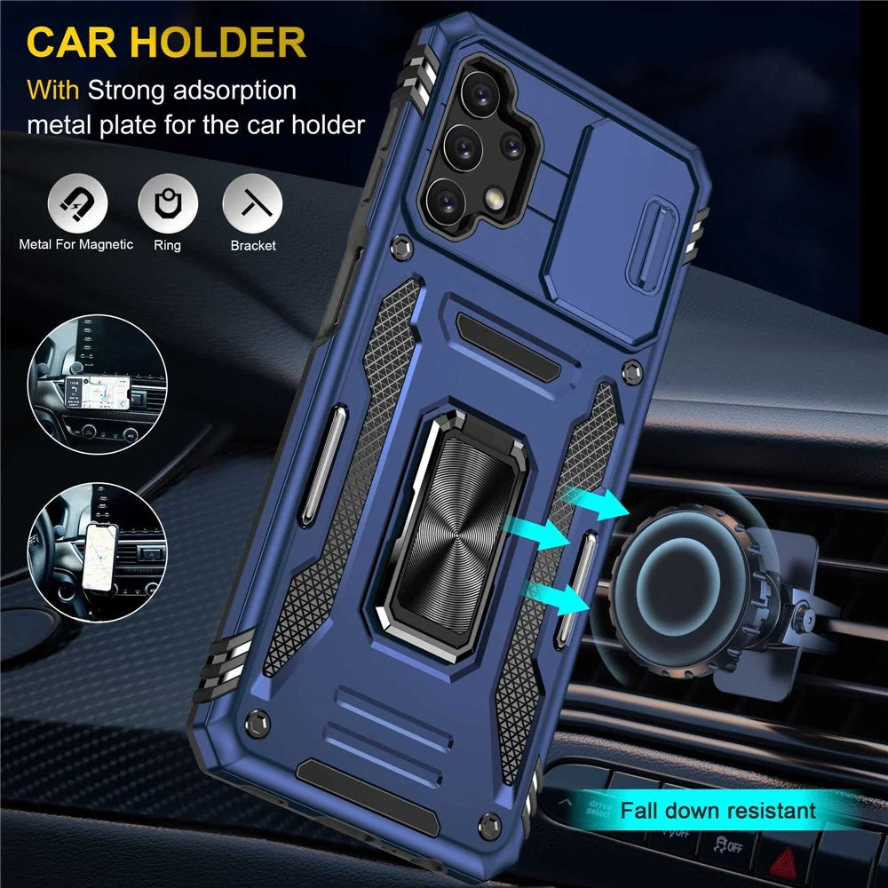 For Samsung Galaxy A32 5G / Galaxy M32 5G Protective Case with Slide Lens Cover PC + TPU Ring Kickstand Cell Phone Anti-Drop Case - Navy Blue - 6