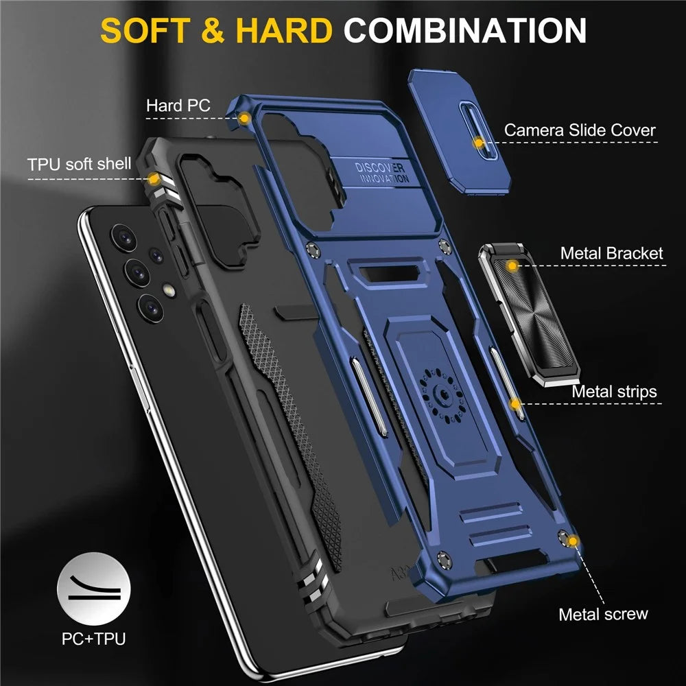 For Samsung Galaxy A32 5G / Galaxy M32 5G Protective Case with Slide Lens Cover PC + TPU Ring Kickstand Cell Phone Anti-Drop Case - Navy Blue - 7