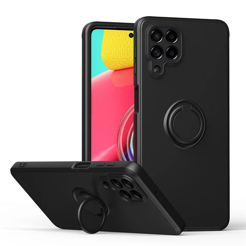 For Samsung Galaxy M53 5G Finger Ring Kickstand Design Anti-scratch Cover Liquid Silicone Cell Phone Protective Case - Black - 1
