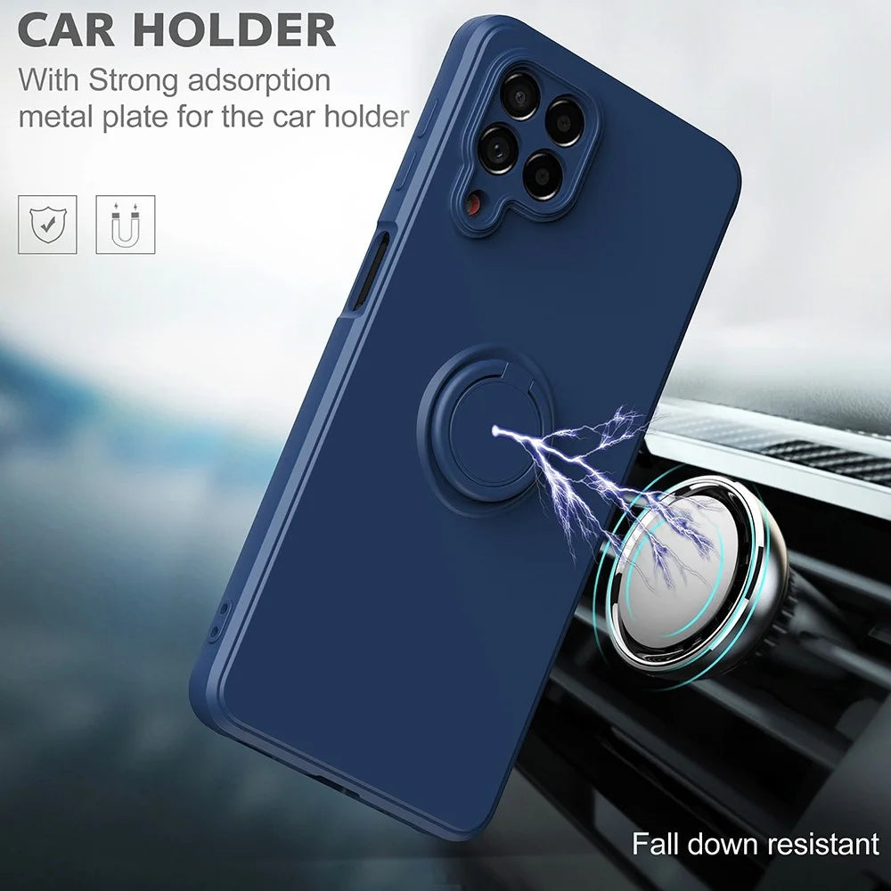 For Samsung Galaxy M53 5G Finger Ring Kickstand Design Anti-scratch Cover Liquid Silicone Cell Phone Protective Case - Black - 3