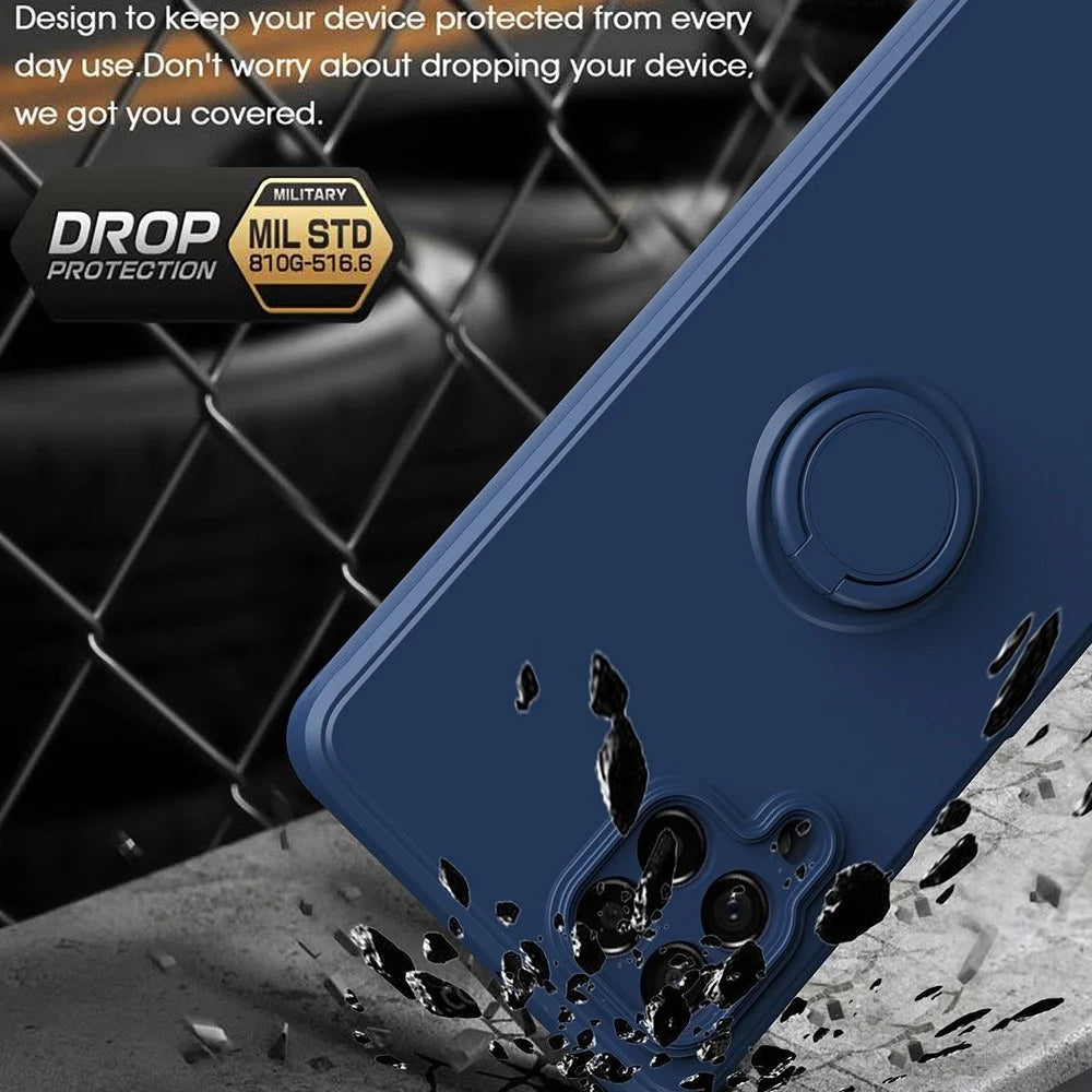 For Samsung Galaxy M53 5G Finger Ring Kickstand Design Anti-scratch Cover Liquid Silicone Cell Phone Protective Case - Black - 4