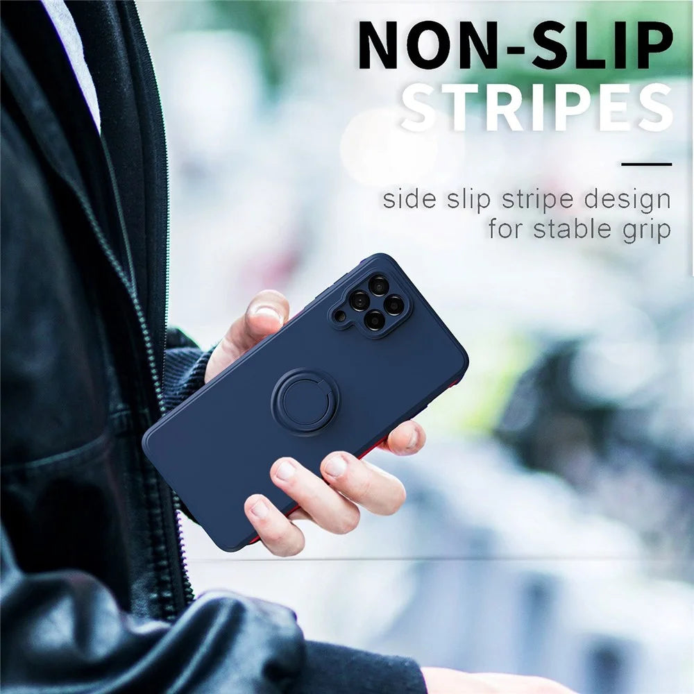 For Samsung Galaxy M53 5G Finger Ring Kickstand Design Anti-scratch Cover Liquid Silicone Cell Phone Protective Case - Black - 5