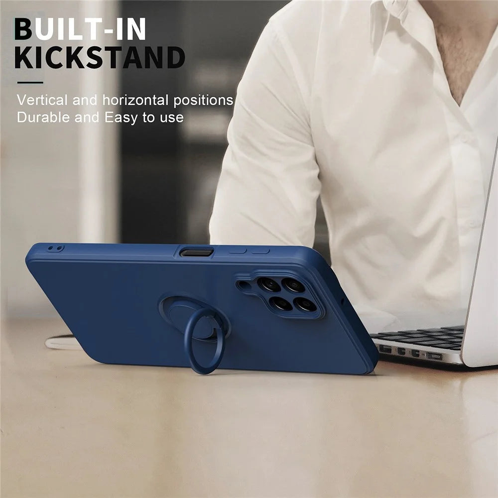 For Samsung Galaxy M53 5G Finger Ring Kickstand Design Anti-scratch Cover Liquid Silicone Cell Phone Protective Case - Black - 6