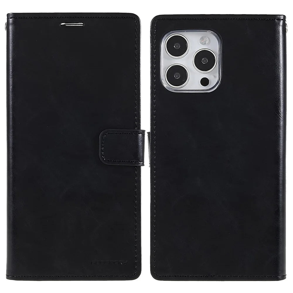 MERCURY GOOSPERY Blue Moon Wallet Case for iPhone 14 Pro 6.1 inch, Shockproof PU Leather Stand Flip Magnetic Clasp Mobile Phone Cover - Black - 1