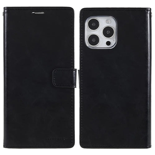 MERCURY GOOSPERY Blue Moon Wallet Case for iPhone 14 Pro 6.1 inch, Shockproof PU Leather Stand Flip Magnetic Clasp Mobile Phone Cover - Black - 1