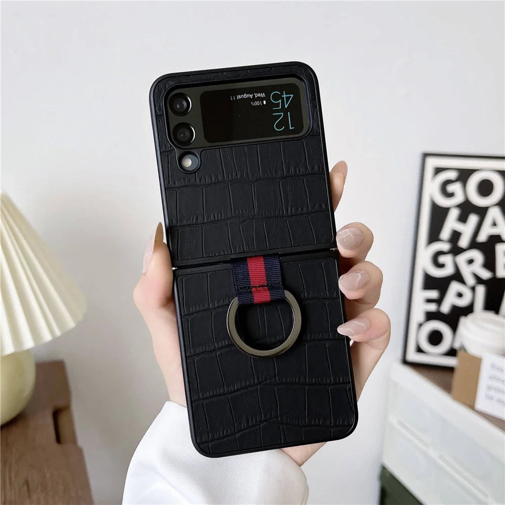 For Samsung Galaxy Z Flip4 5G Anti-scratch Crocodile Texture Genuine Leather Coated PC Folding Phone Case with Finger Ring Holder - Black - 2