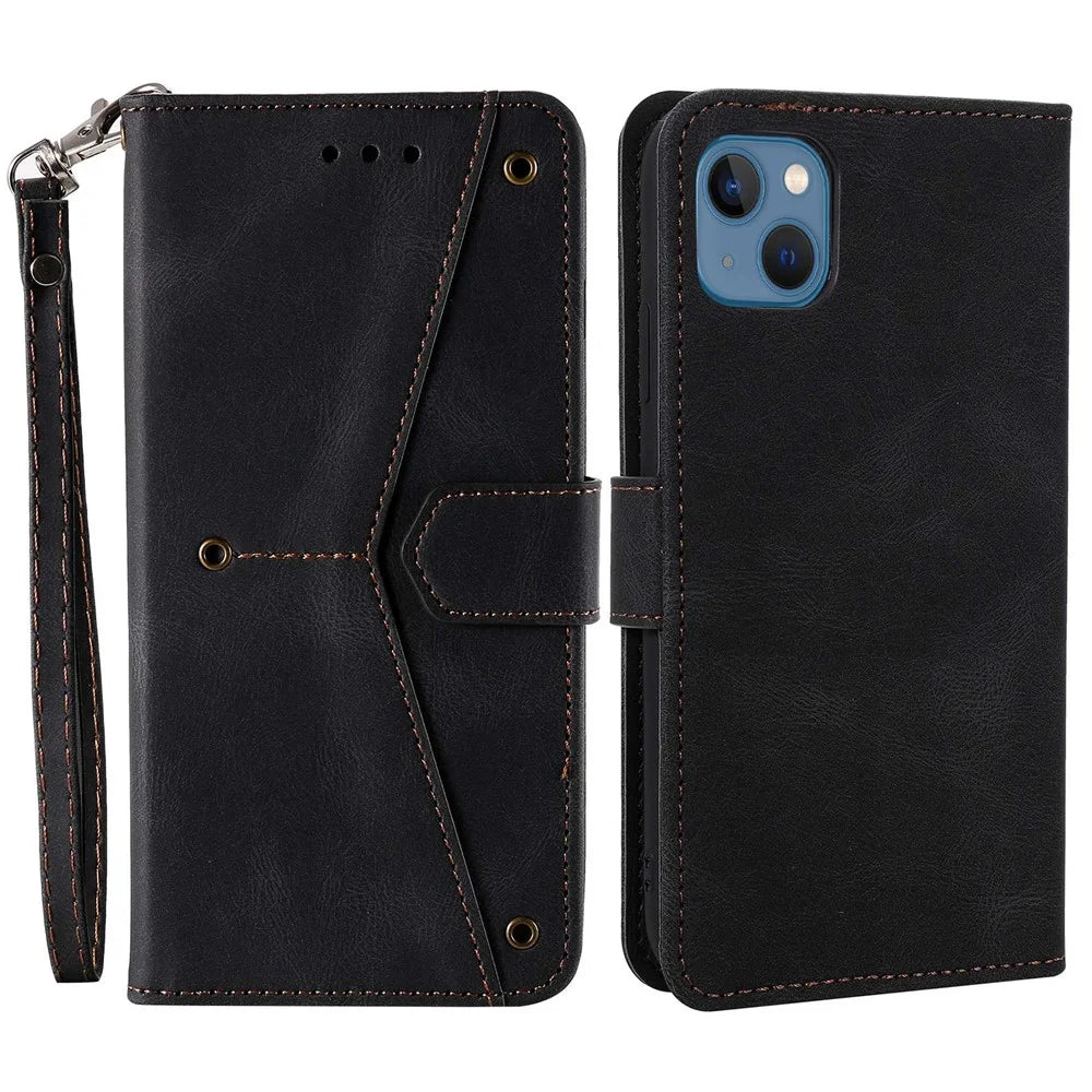 For iPhone 14 6.1 inch Splicing Stitching Skin-touch Anti-wear PU Leather Case Stand Well-protected Phone Cover - Black - 1