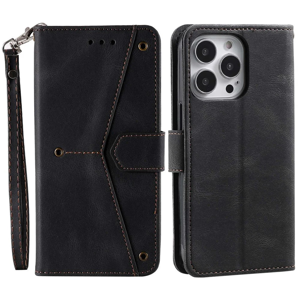 For iPhone 14 Pro 6.1 inch Splicing Stitching Skin-touch PU Leather Phone Case Stand Folio Flip Anti-drop Anti-scratch Cover - Black - 1