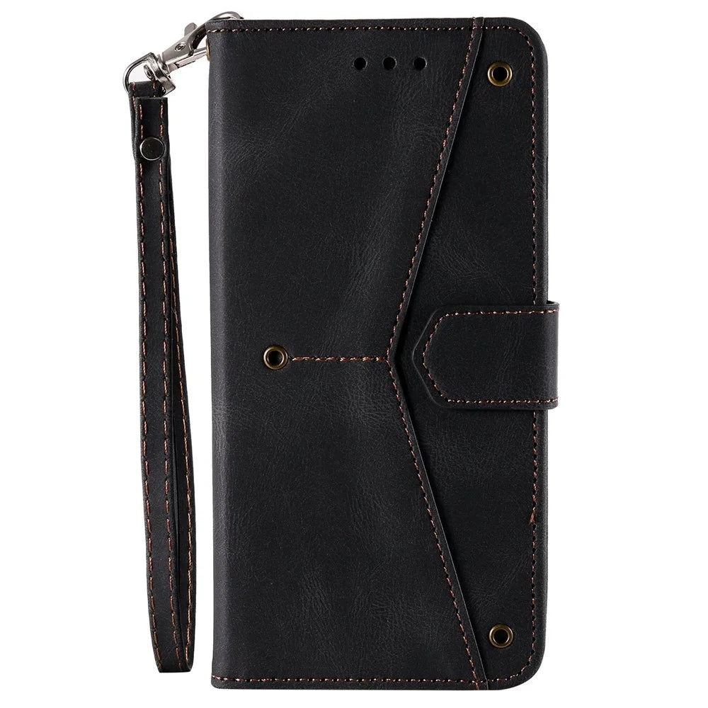 For iPhone 14 Pro 6.1 inch Splicing Stitching Skin-touch PU Leather Phone Case Stand Folio Flip Anti-drop Anti-scratch Cover - Black - 6