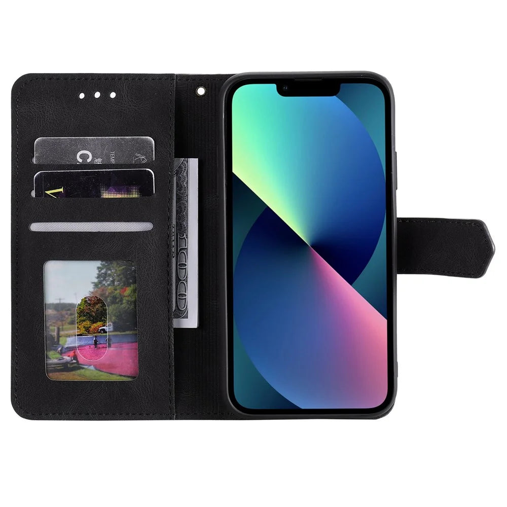 For iPhone 14 Plus Splicing Stitching Skin-touch Folio Flip Case Stand PU Leather Drop-proof Cell Phone Cover - Black - 2