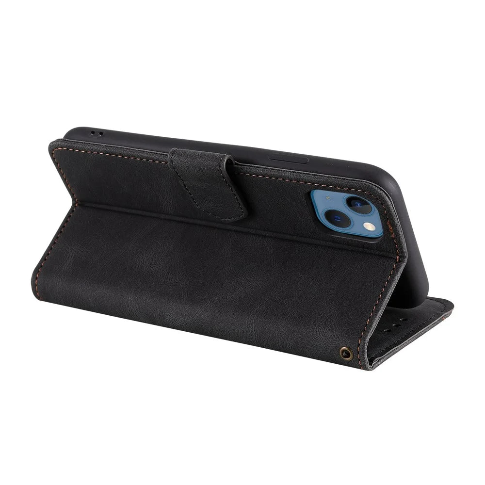 For iPhone 14 Plus Splicing Stitching Skin-touch Folio Flip Case Stand PU Leather Drop-proof Cell Phone Cover - Black - 4
