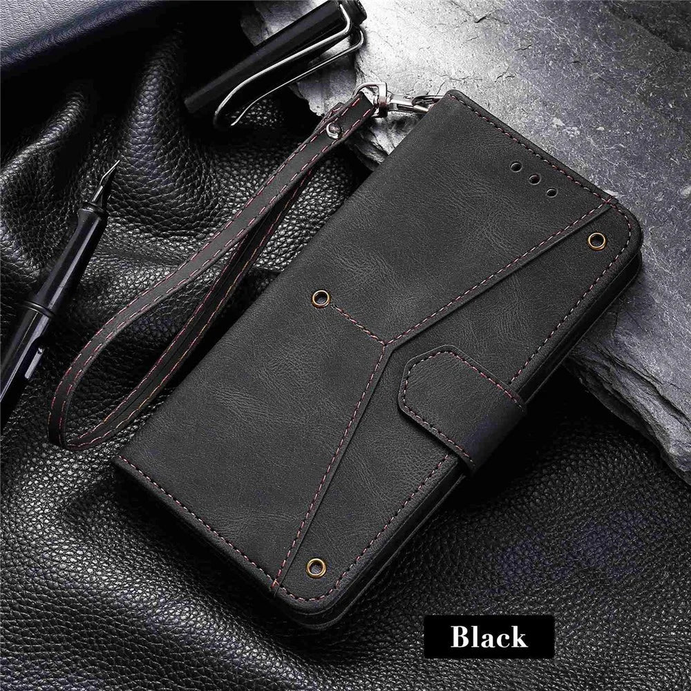 For iPhone 14 Plus Splicing Stitching Skin-touch Folio Flip Case Stand PU Leather Drop-proof Cell Phone Cover - Black - 5