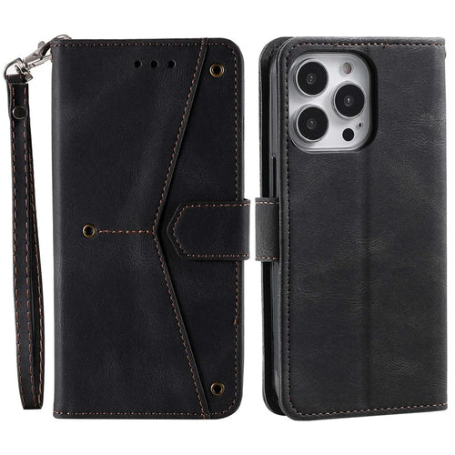 For iPhone 14 Pro Max 6.7 inch Stand Function Splicing Stitching Skin-touch Phone Cover PU Leather+TPU Case - Black - 1