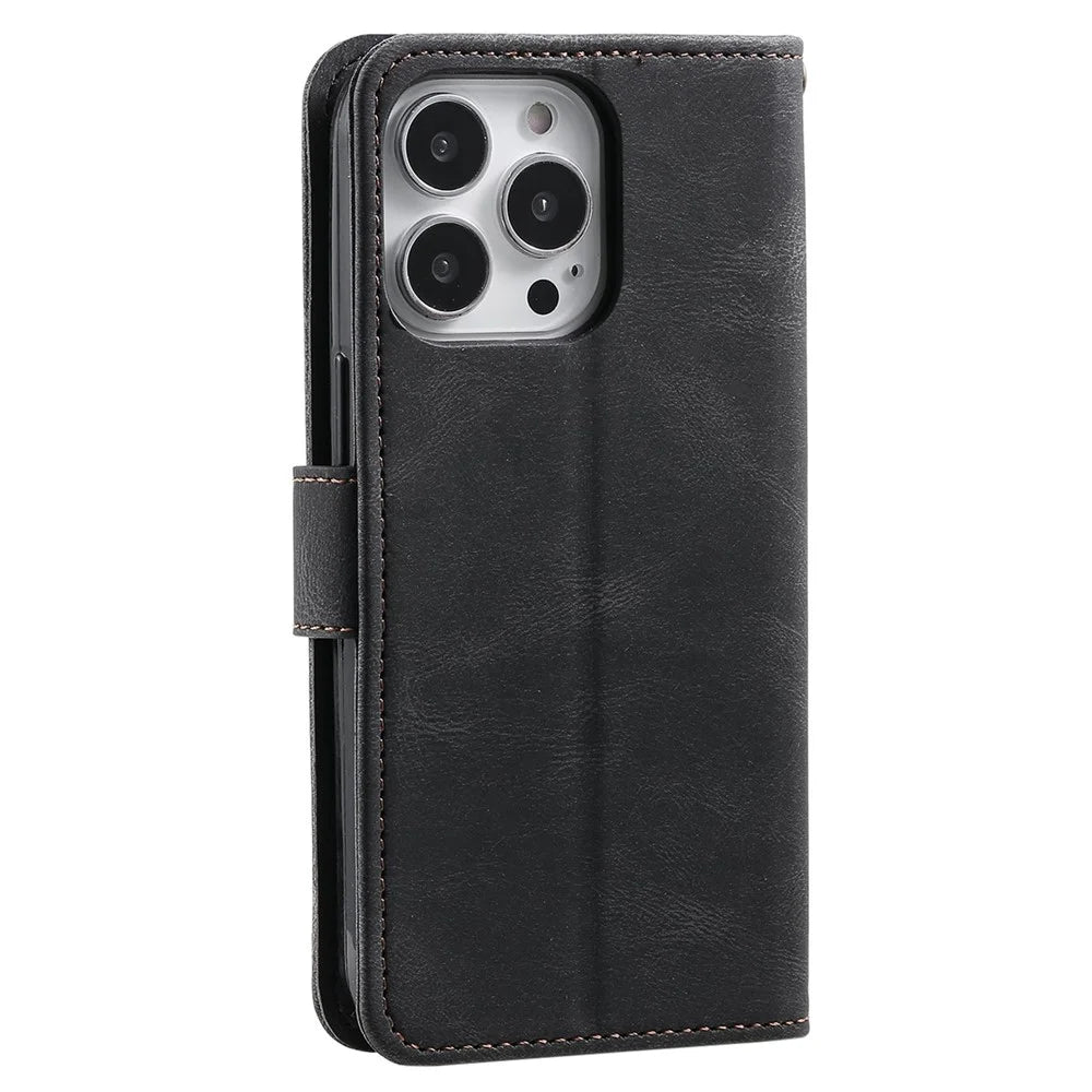 For iPhone 14 Pro Max 6.7 inch Stand Function Splicing Stitching Skin-touch Phone Cover PU Leather+TPU Case - Black - 7