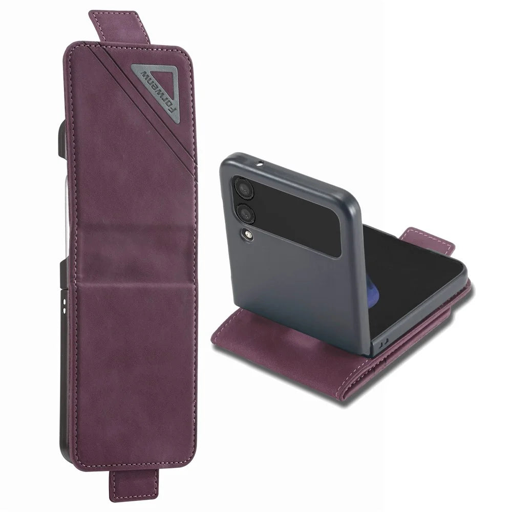 FORWENW F3-Series For Samsung Galaxy Z Flip4 5G Card Slot Design Flipping Case PU Leather Well-protected Shell with Stand - Wine Red - 1