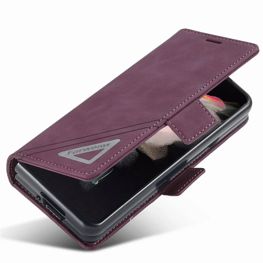 FORWENW F3-Series For Samsung Galaxy Z Fold4 5G Shockproof PU Leather Phone Case Wallet Stand Mobile Phone Flip Cover - Wine Red - 4