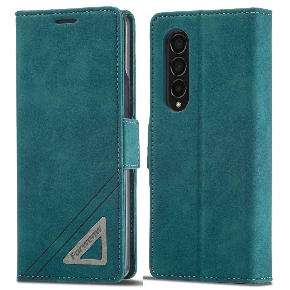 FORWENW F3-Series For Samsung Galaxy Z Fold3 5G Anti-fall Flip Wallet Case PU Leather Protective Cover with Stand Phone Shell - Cyan - 1