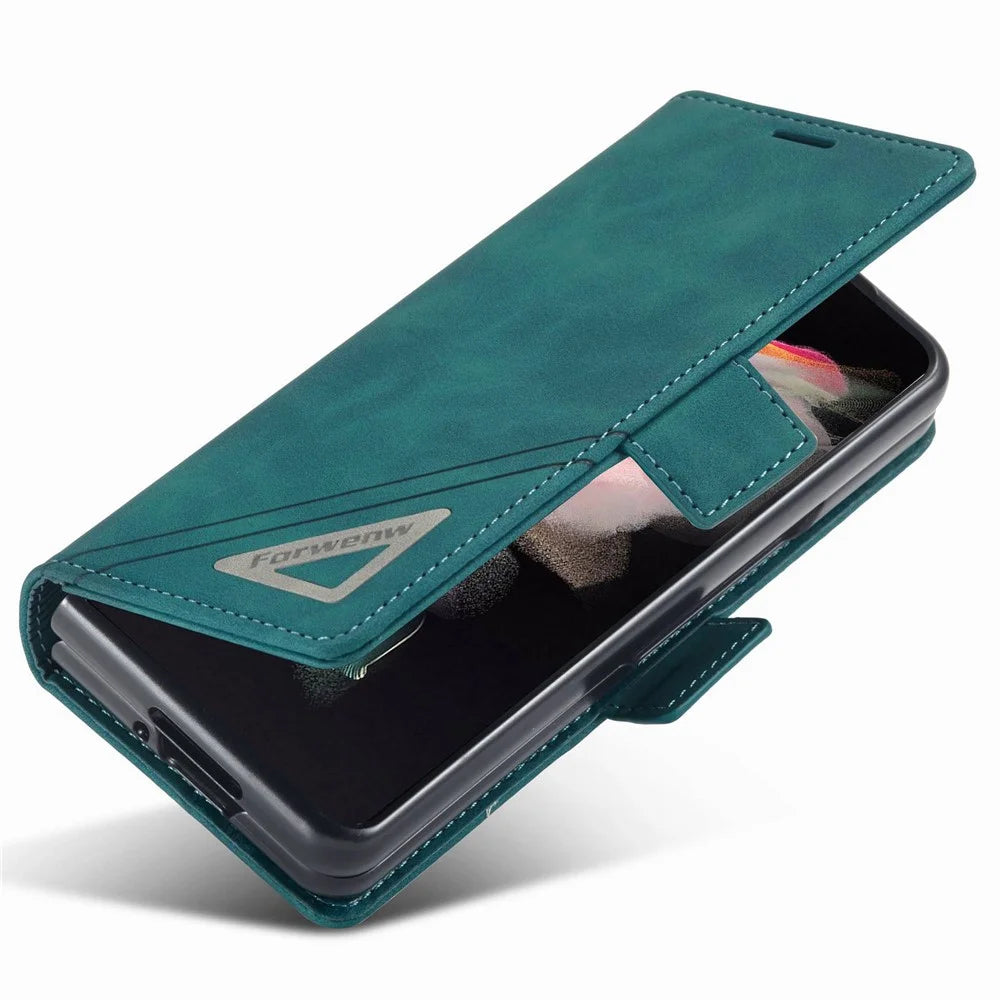 FORWENW F3-Series For Samsung Galaxy Z Fold3 5G Anti-fall Flip Wallet Case PU Leather Protective Cover with Stand Phone Shell - Cyan - 4